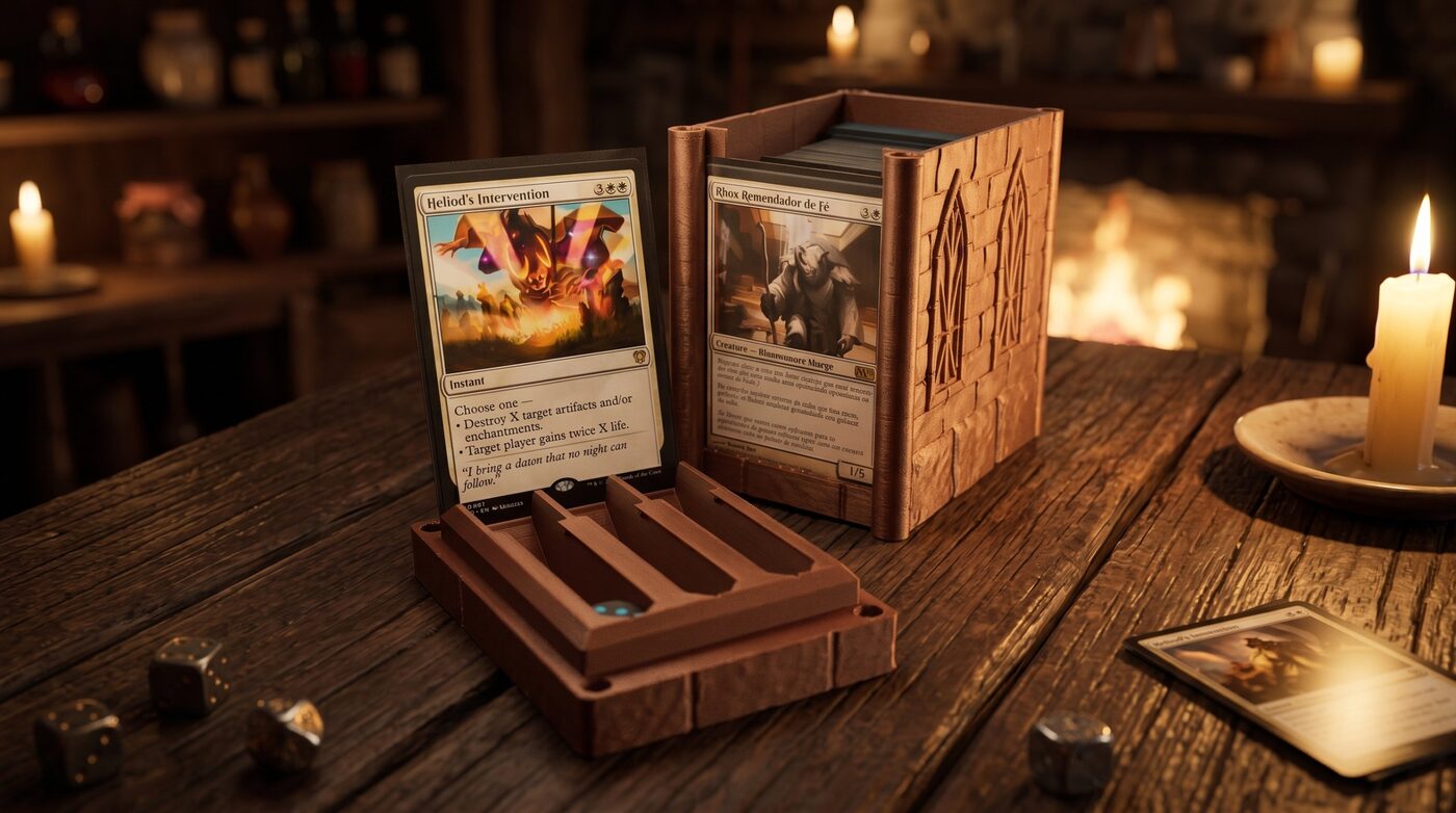 Protótipo de deck box e porta-cartas impressos em 3D pela Taverna do Filamento, sobre uma mesa de jogo